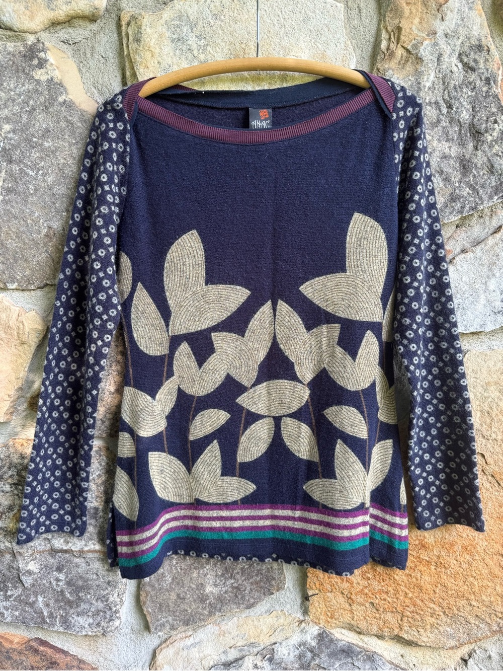 ANAC by Kimi Navy and Cream Floral Boat Neck Sweater Whimsigoth Y2K 90s Small